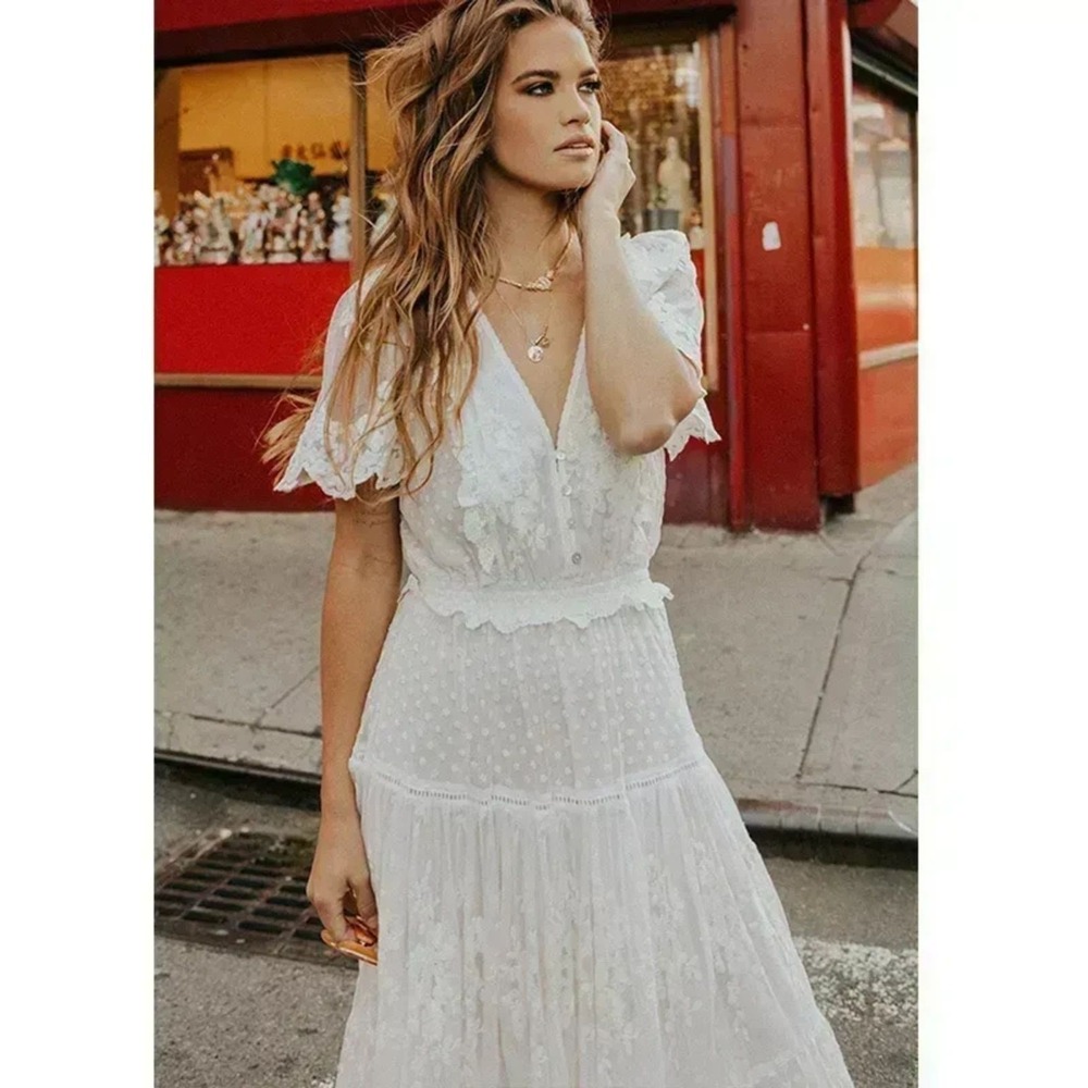 NEW Boho White Swiss Dot Lace Maxi Dress Beth Dutton Yellowstone Westerncore M - Picture 2 of 8